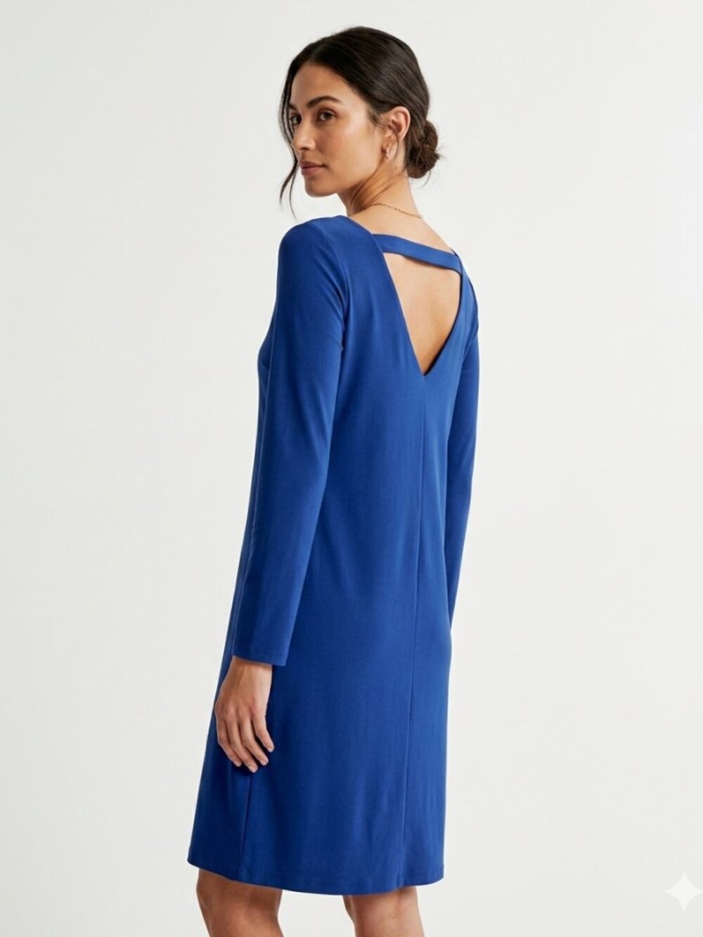 EILEEN FISHER NAVY LONG SLEEVE BACK STRAPPY CUT OUT STRETCHY DRESS - XS